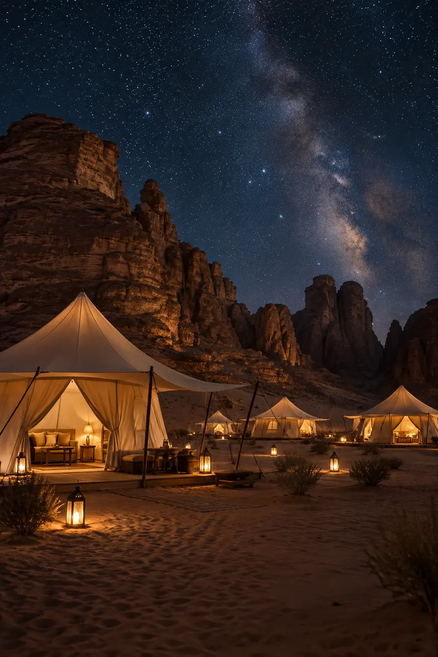 Star Camp, canvas tents glowing under a clear night sky