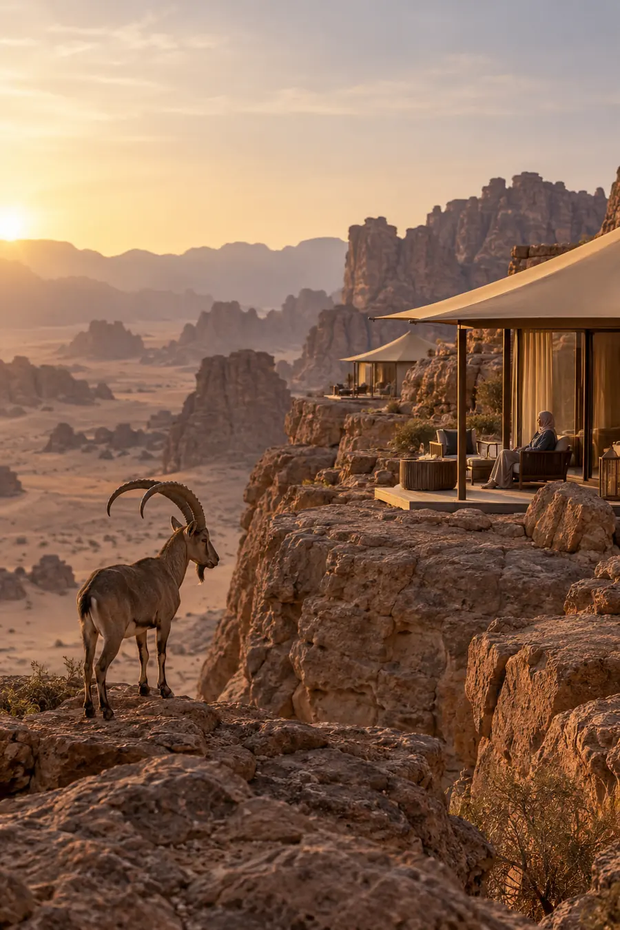 Ibex Camp on a rocky plateau with an ibex nearby