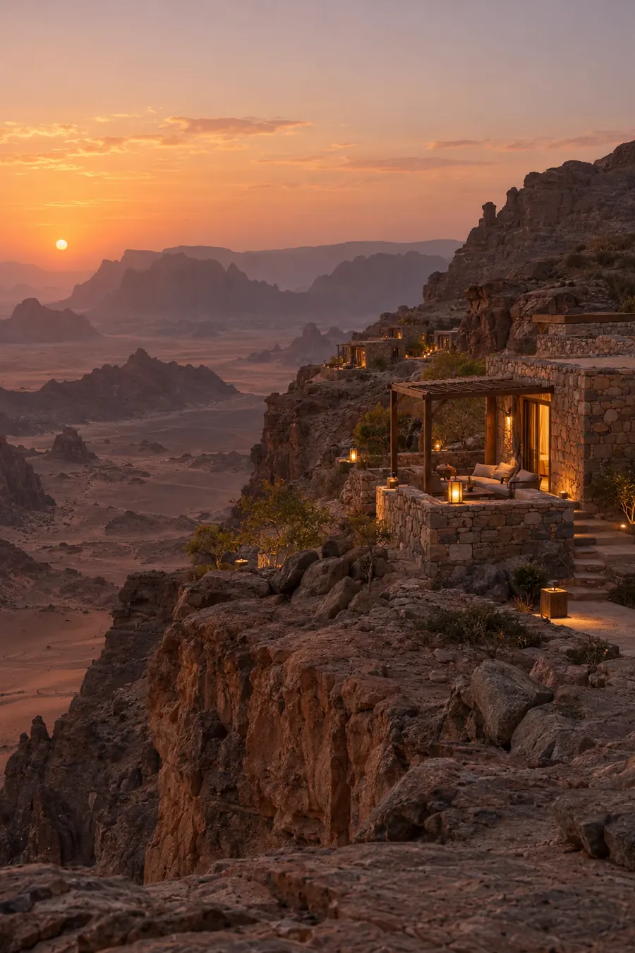 Falcon Ridge Camp, stone cottages on a cliff edge at dusk
