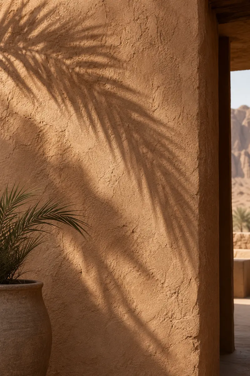 Palm shadow on a hand-plastered sandstone wall