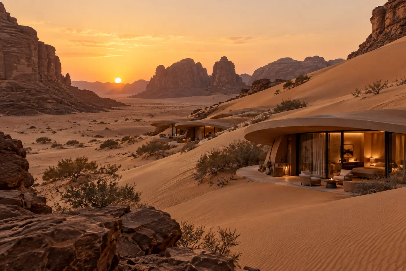 Rimal Dune Lodge, curved suites set into a dune