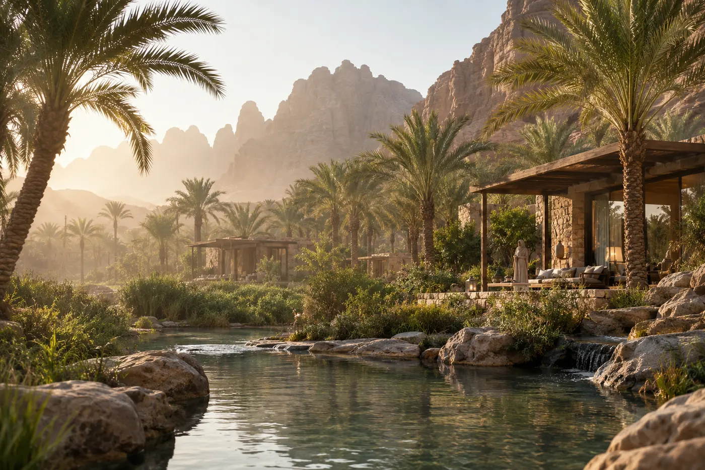 Oasis Lodge, villas among date palms beside a spring