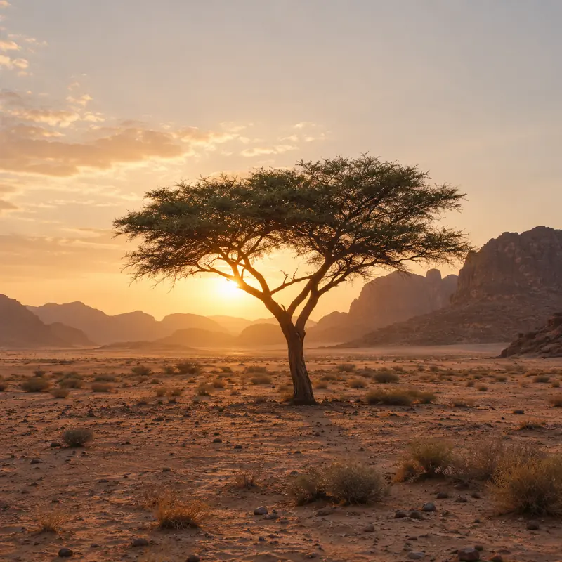 A lone acacia tree at sunset