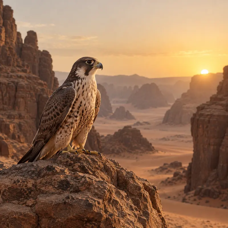 A falcon perched on a rock