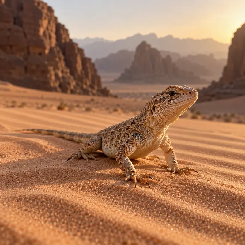 A desert lizard on rippled sand