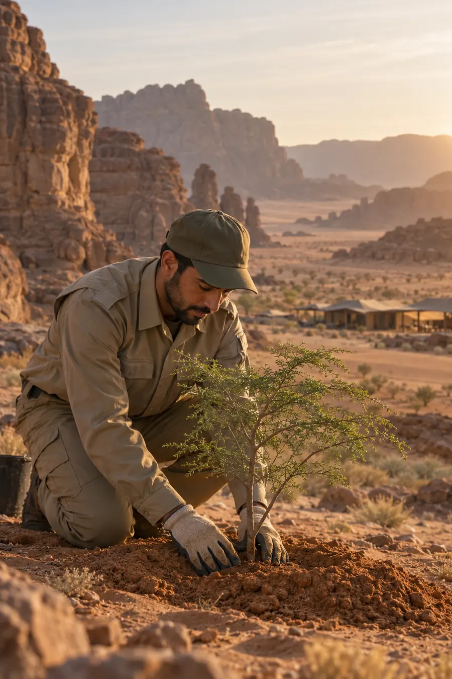 Majed planting an acacia sapling